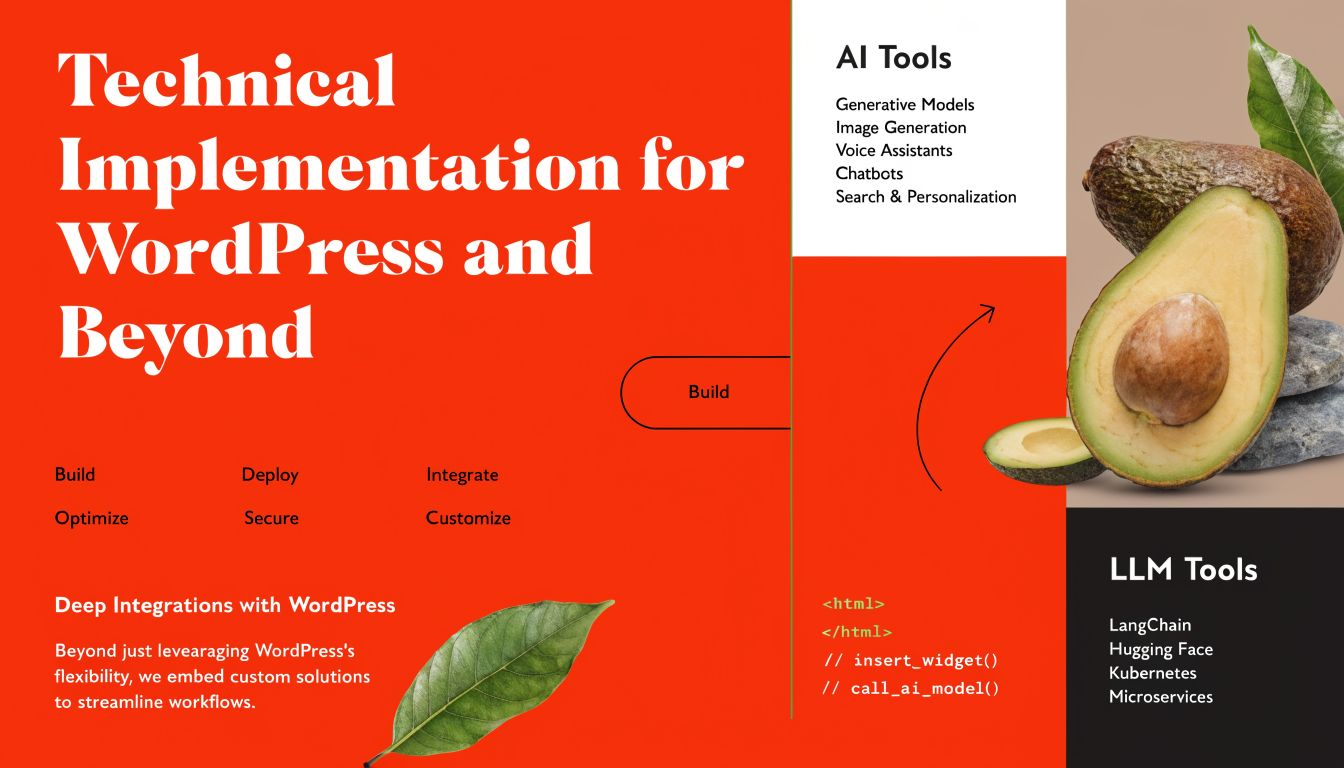 A modern, bold, red-themed landing page template showcasing technical WordPress implementation, AI tools, and LLM integration services.