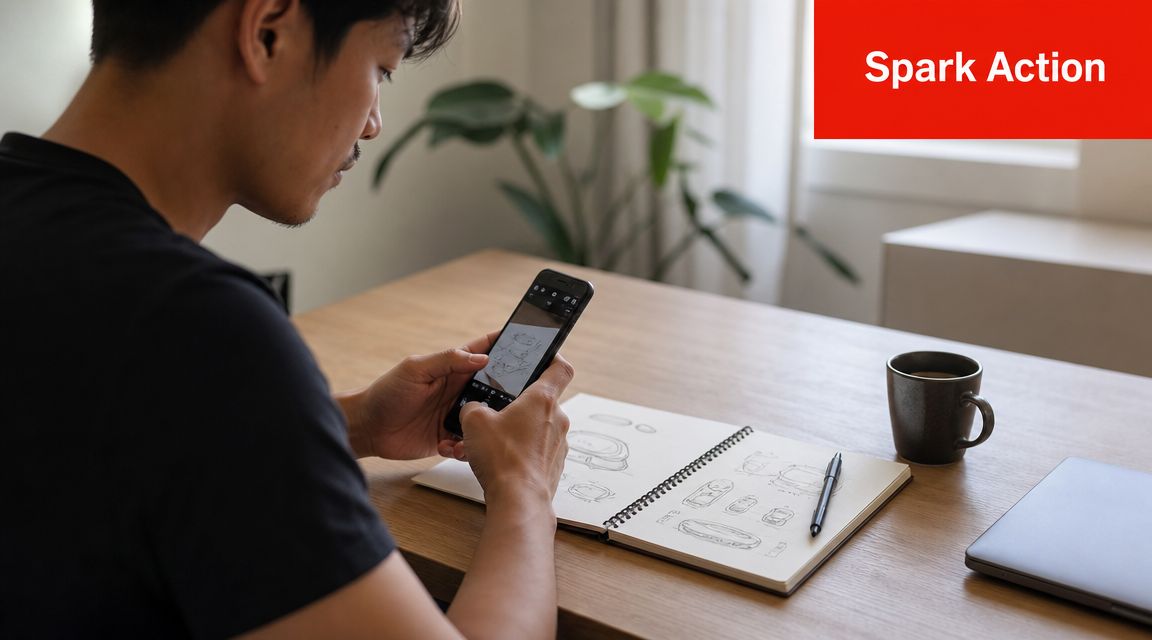 A designer photographing his hand-drawn sketches in a notebook using his smartphone at a wooden desk.