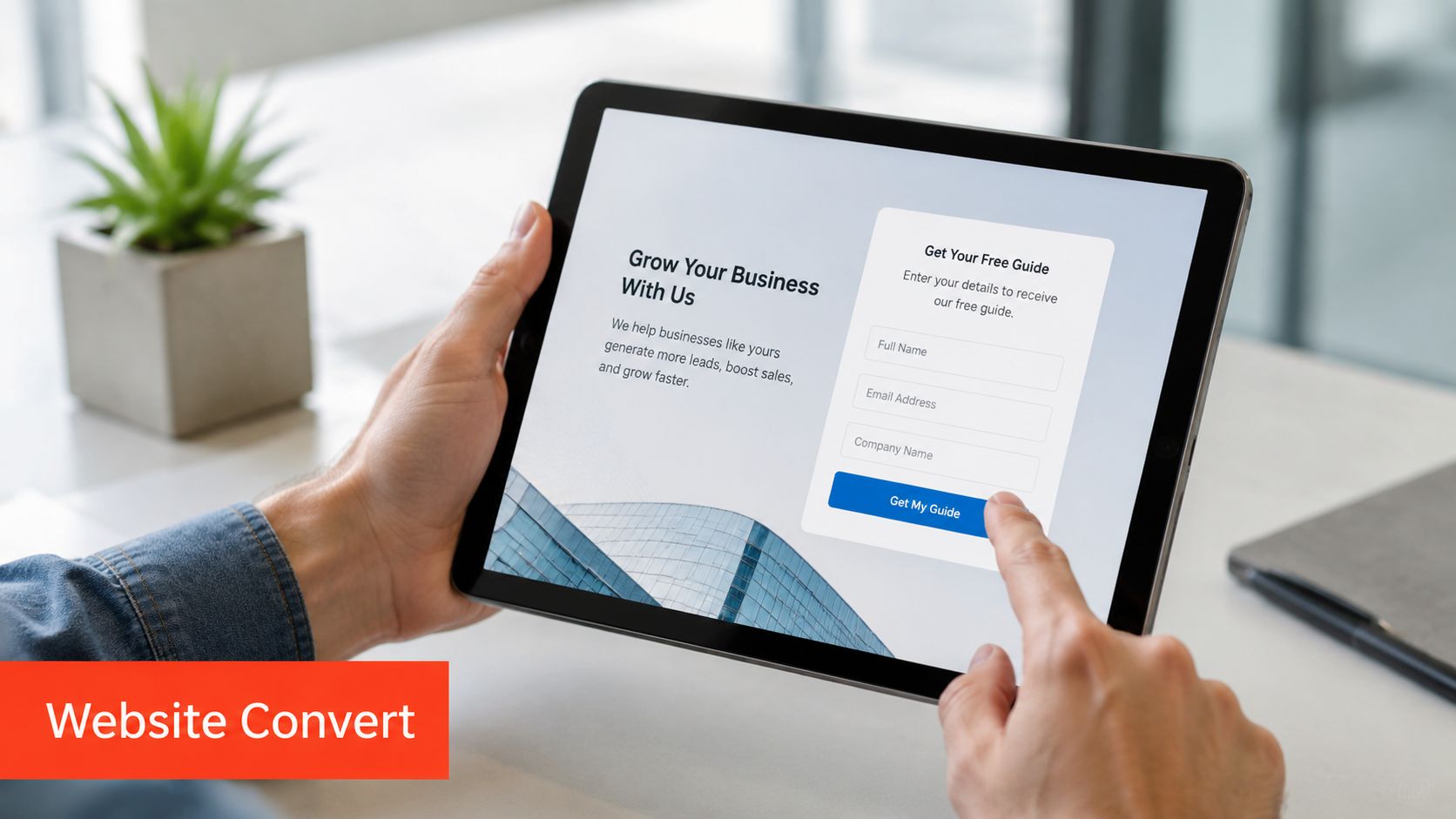 A person using a tablet to input business contact information into a digital lead generation landing page.