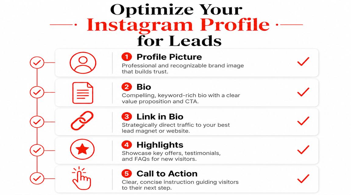 A checklist infographic titled Optimize Your Instagram Profile for Leads with five actionable steps for marketing.