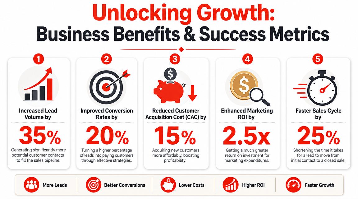 An infographic showing five key business growth benefits including increased leads, conversion rates, and faster sales cycles.