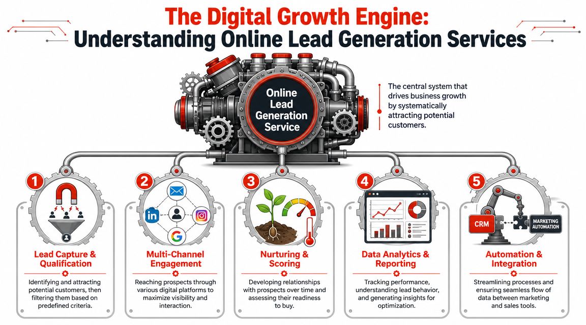 An infographic titled The Digital Growth Engine showing five essential stages of professional online lead generation services.