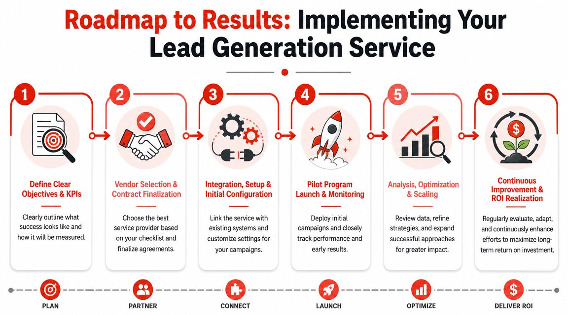 A six-step roadmap infographic for implementing lead generation services, illustrating the process from planning to ROI realization.