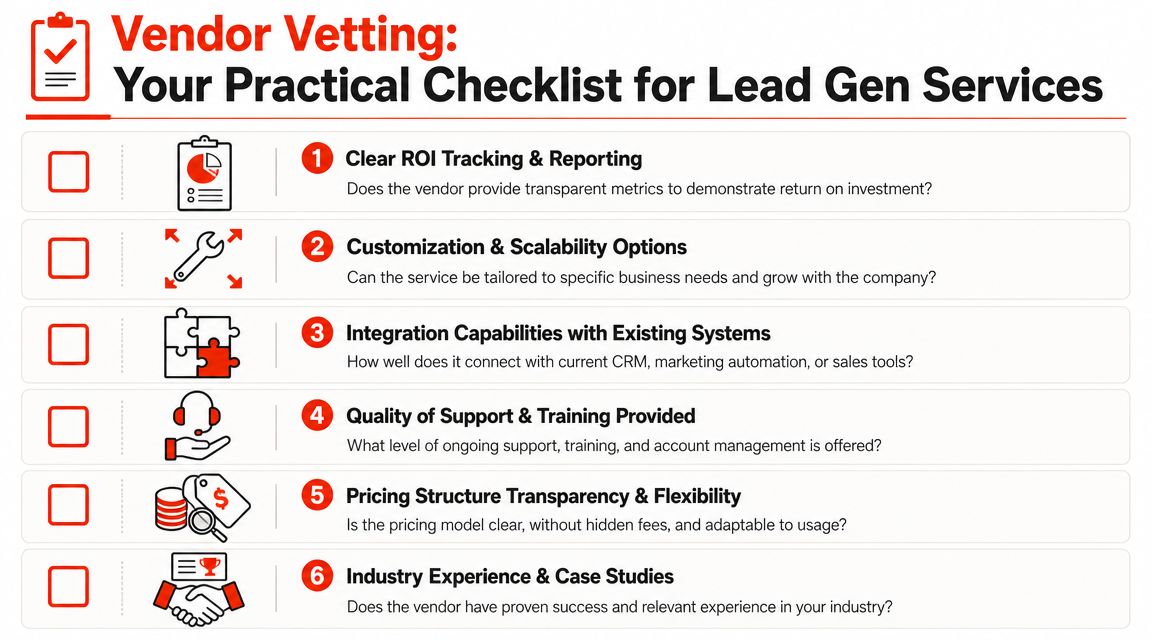 A practical checklist infographic for vetting lead generation service vendors featuring six key criteria points.