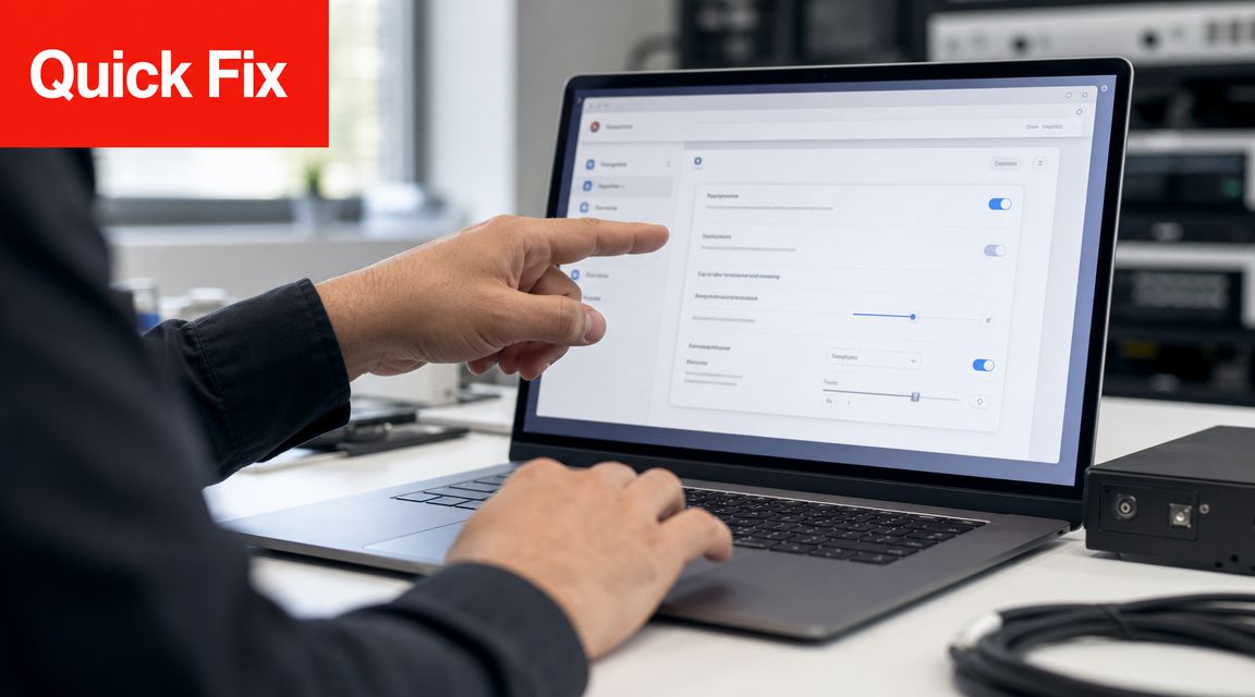 A professional working on a laptop, pointing at a settings screen to solve a support ticket issue.