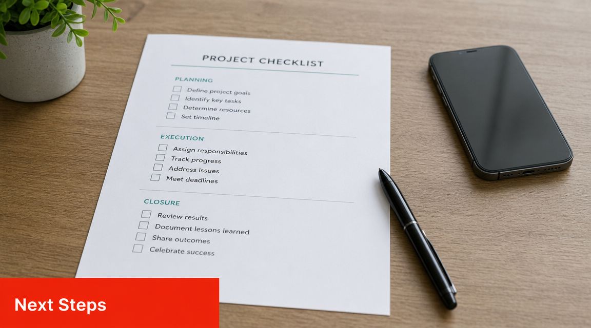 A printed project checklist on a desk next to a pen and a smartphone.