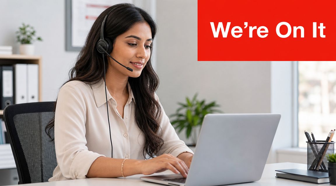 A professional customer support representative wearing a headset while typing on a laptop at her desk.