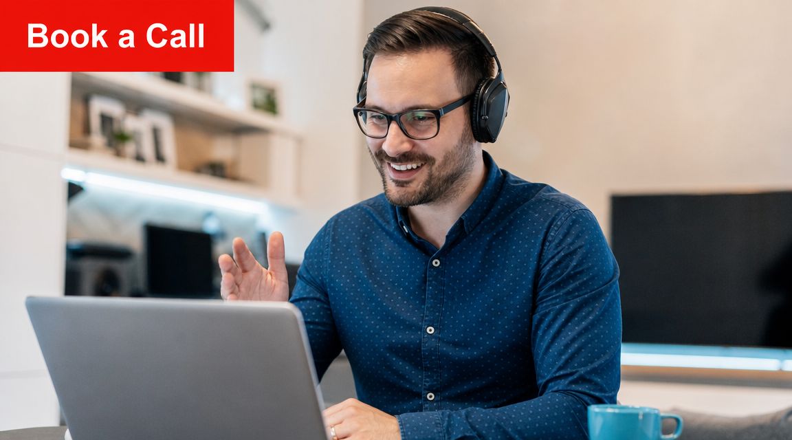 A professional man with headphones conducting a video call on a laptop in a modern office setting.