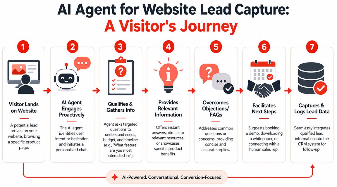 A flowchart showing the seven-step visitor journey process for an AI agent on a business website.