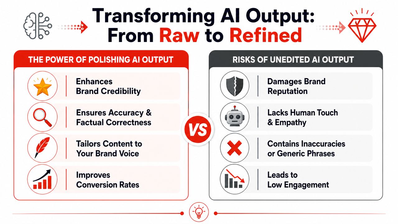 A comparison chart showing the benefits of polishing AI content versus the risks of using unedited outputs.