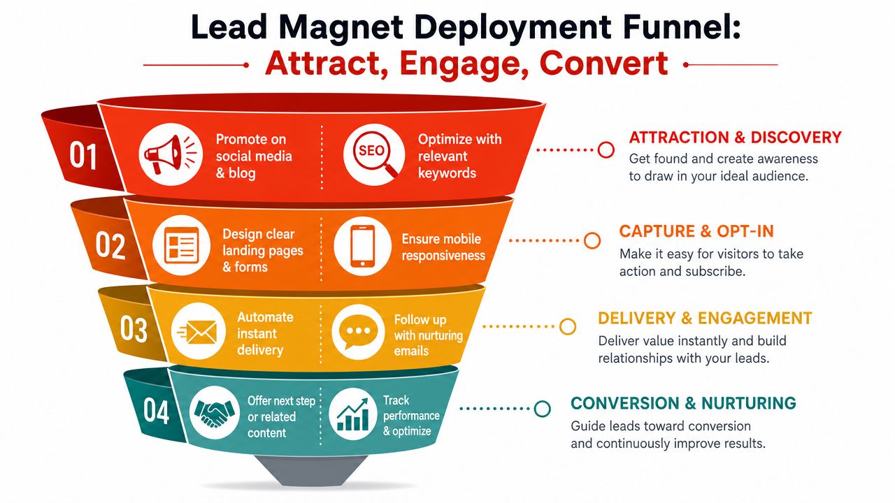 A four-step funnel diagram illustrating the process to attract, engage, and convert leads using lead magnets.