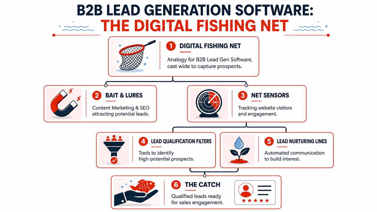 An infographic illustrating B2B lead generation software using a digital fishing net metaphor and six-step process.