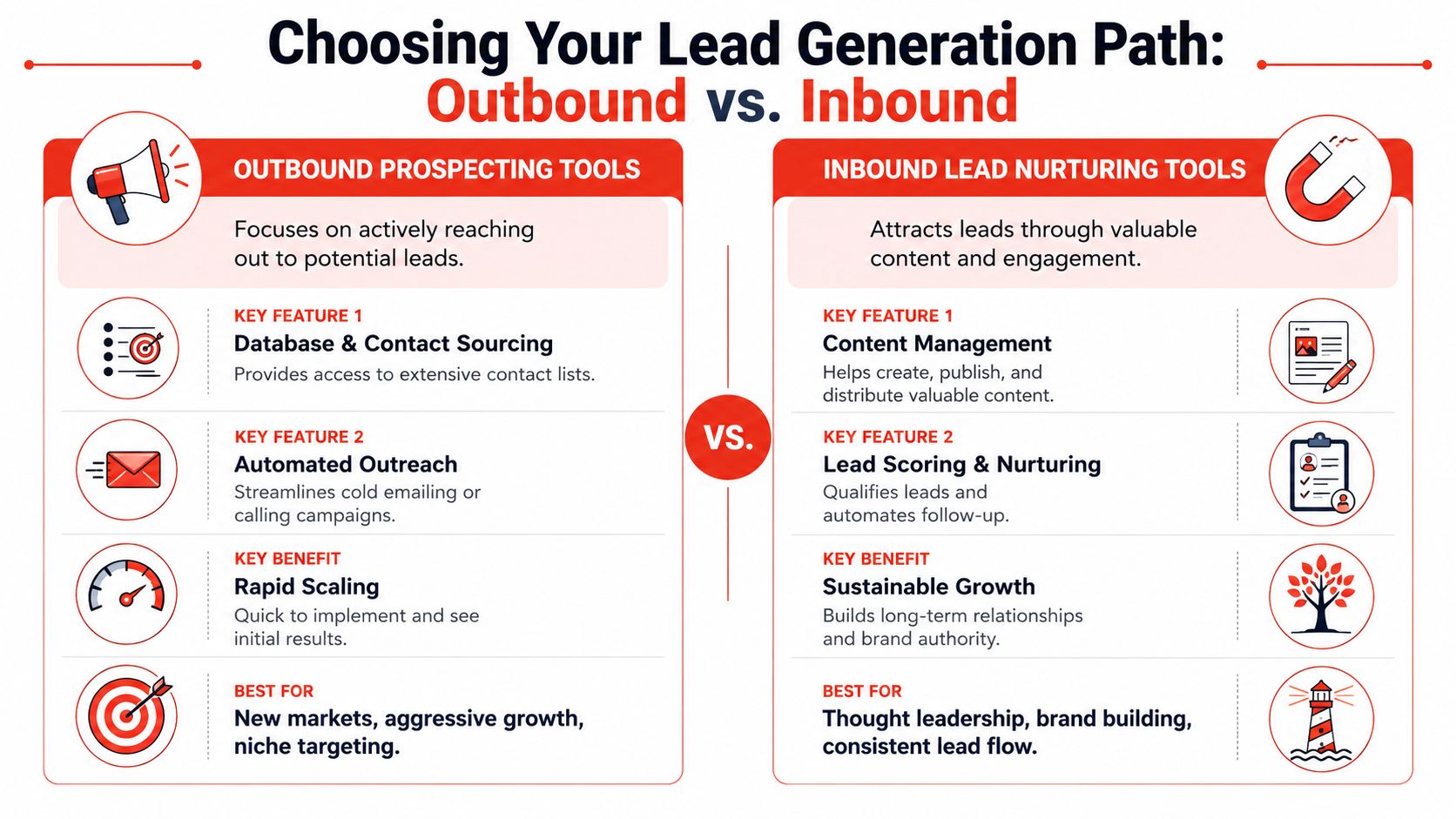 A comparison infographic between outbound prospecting tools and inbound lead nurturing tools for business lead generation.