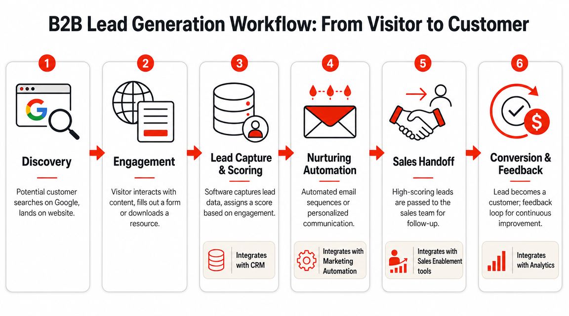 A diagram illustrating the six-step B2B lead generation workflow process from visitor to final customer conversion.