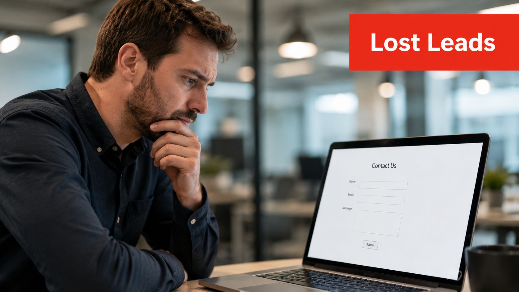A pensive professional sits at a laptop desk looking at a contact us form on screen.