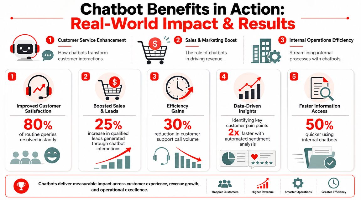 An infographic detailing five key benefits of implementing chatbots for customer service and operational efficiency.