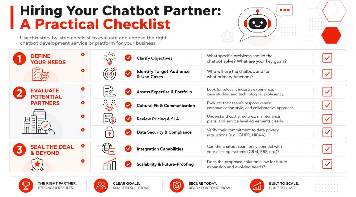 A checklist infographic titled Hiring Your Chatbot Partner outlining three phases for choosing a chatbot development service.