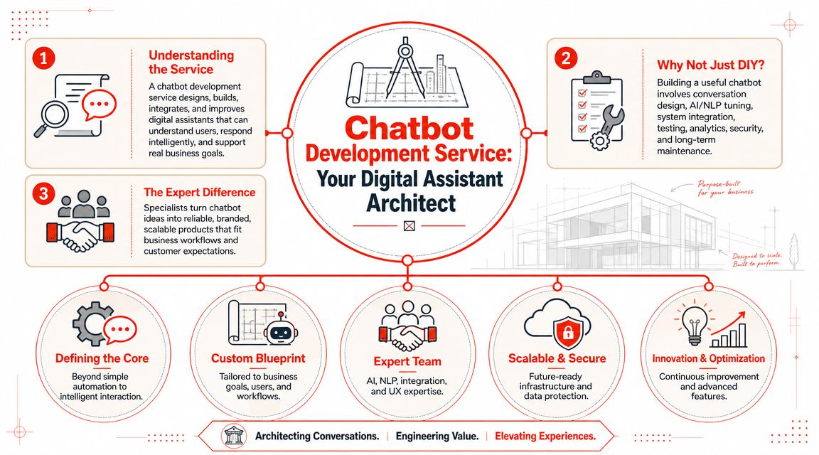 A professional infographic titled Chatbot Development Service detailing the benefits and expert process of building digital assistants.