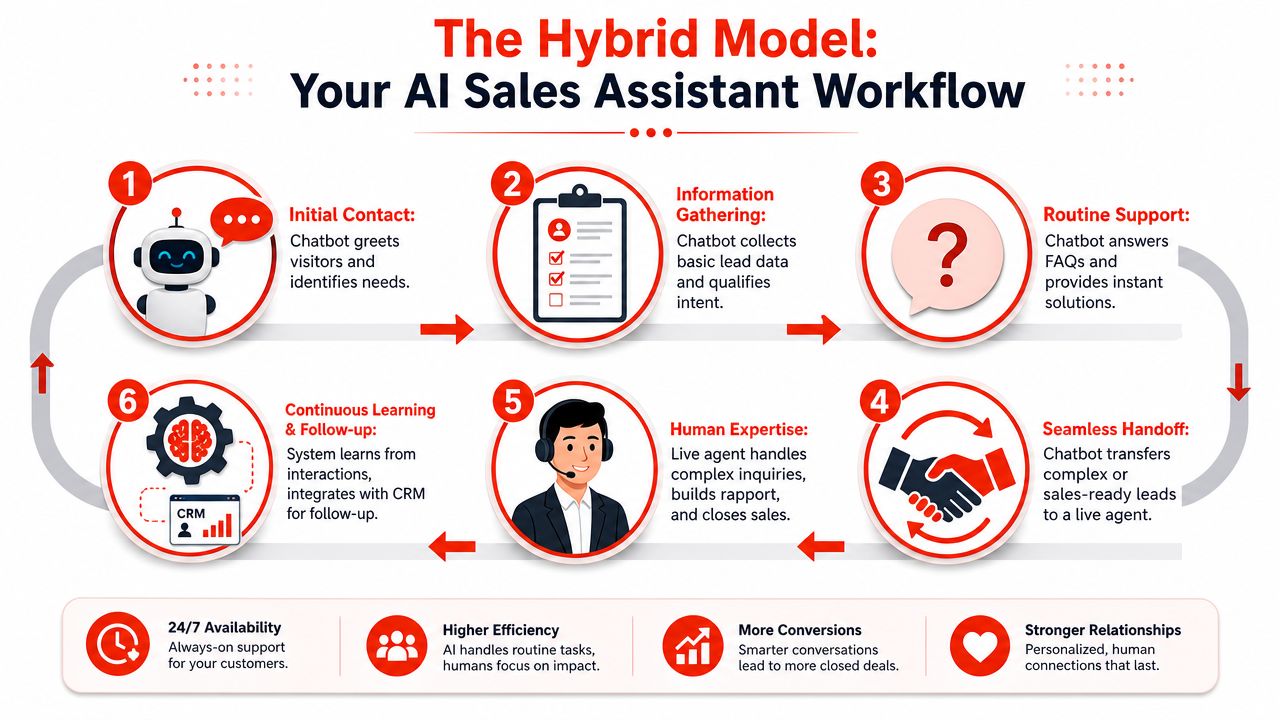 A six-step hybrid workflow diagram showing how AI chatbots and human agents collaborate for sales.