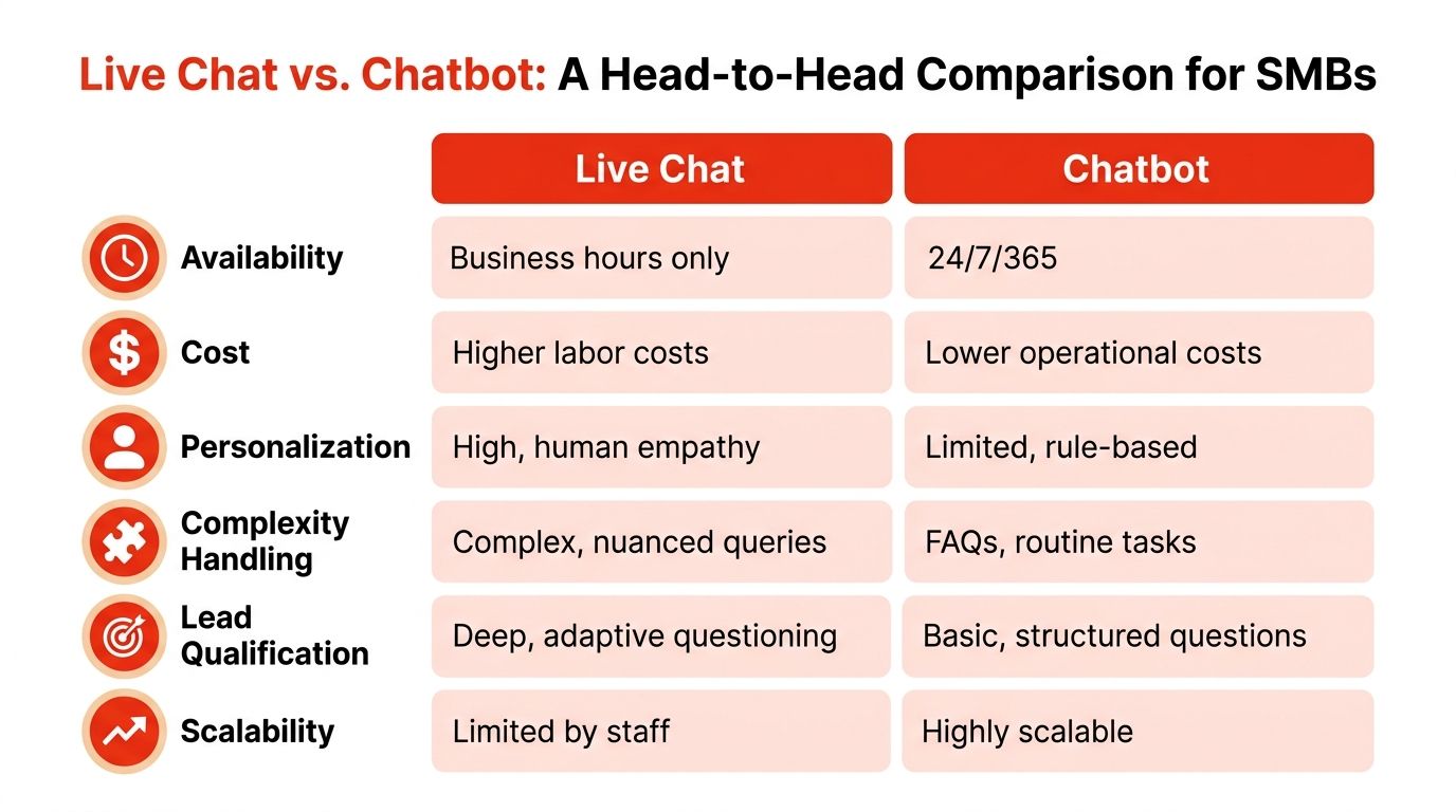 A comparison chart showing the differences between live chat and chatbot services for small businesses.