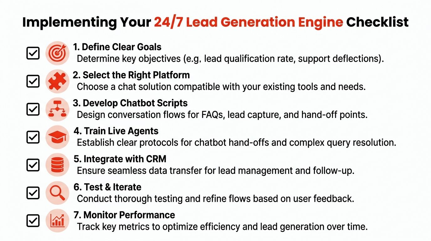 A seven-step checklist for building a 24/7 lead generation engine using chatbots and automation strategies.