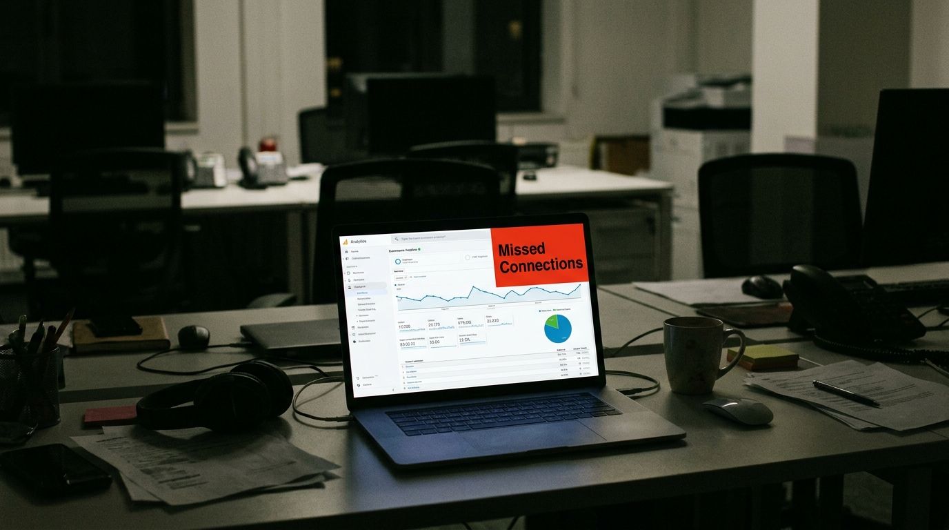 A dimly lit office workspace featuring a laptop screen displaying web analytics data with a Missed Connections overlay.