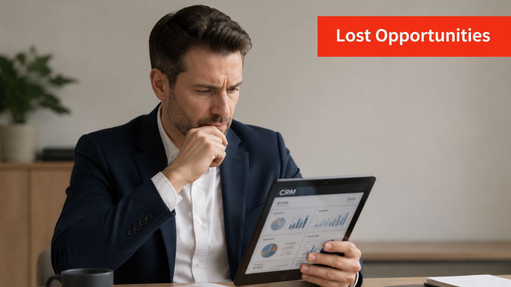 A focused professional in a business suit reviewing sales data and CRM metrics on a digital tablet.