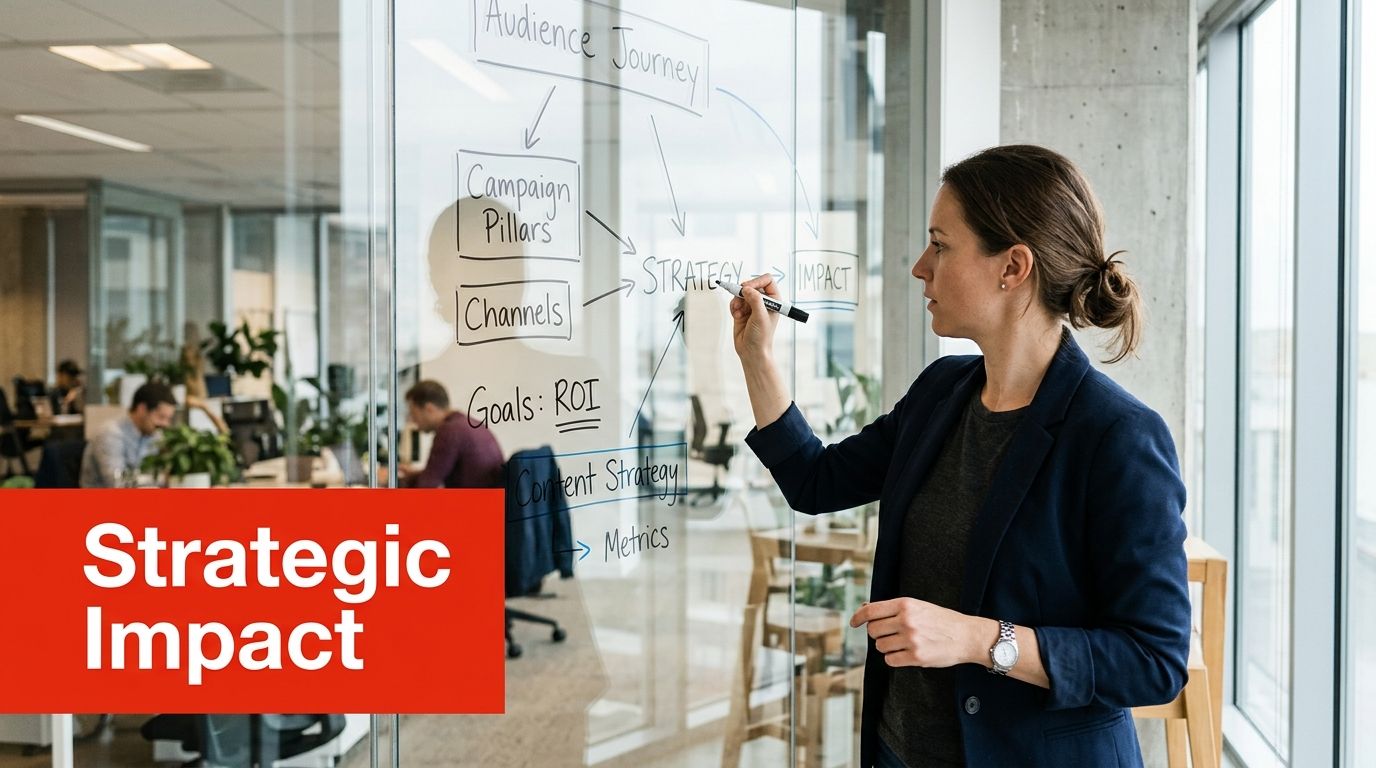 A professional woman writing a business strategy flow chart on a glass wall in an office.
