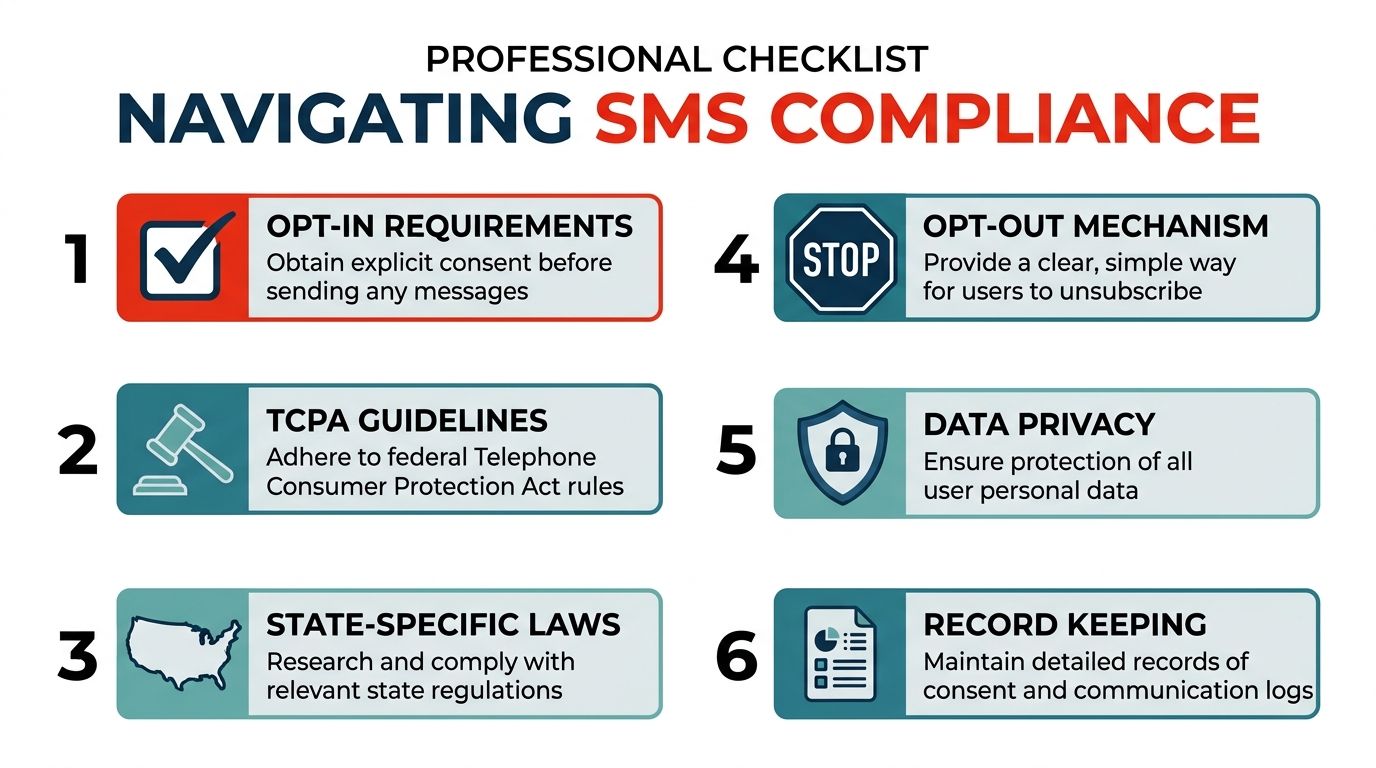 A professional checklist infographic detailing six key steps for navigating SMS marketing compliance and federal regulations.