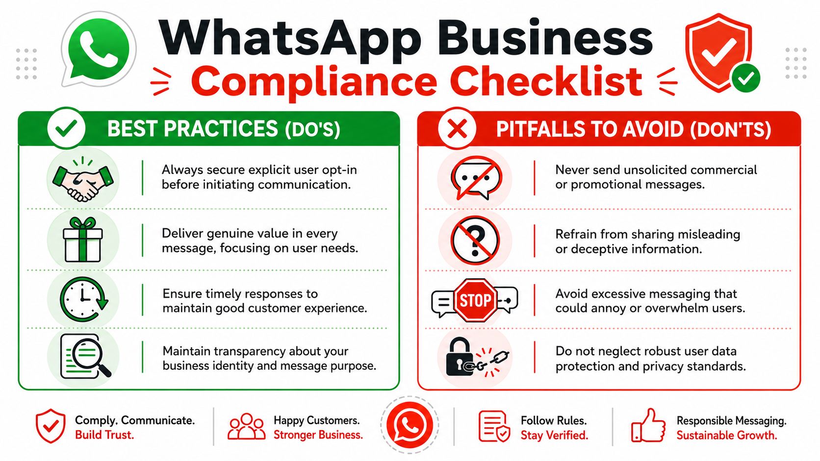 An infographic titled WhatsApp Business Compliance Checklist outlining key do's and don'ts for business messaging.